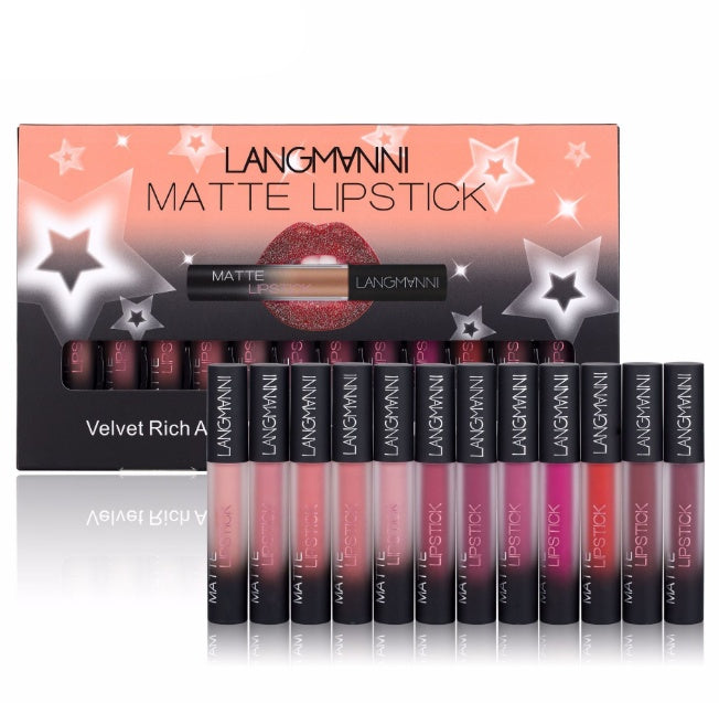 💋 Set med 12 Matta Läppstift – Vattenfasta & Långvariga i Sammetfinish