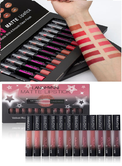 💋 Set med 12 Matta Läppstift – Vattenfasta & Långvariga i Sammetfinish