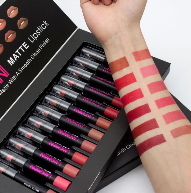 💋 Set med 12 Matta Läppstift – Vattenfasta & Långvariga i Sammetfinish