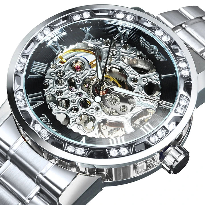 WINNER™ Transparent Skeleton – Lyxig Mekanisk Herrklocka med Diamantdetaljer