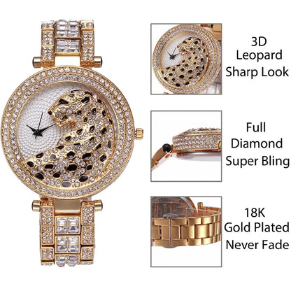 MISSFOX™ Leopard Bling – Lyxig Damklocka i Guld med Kristaller