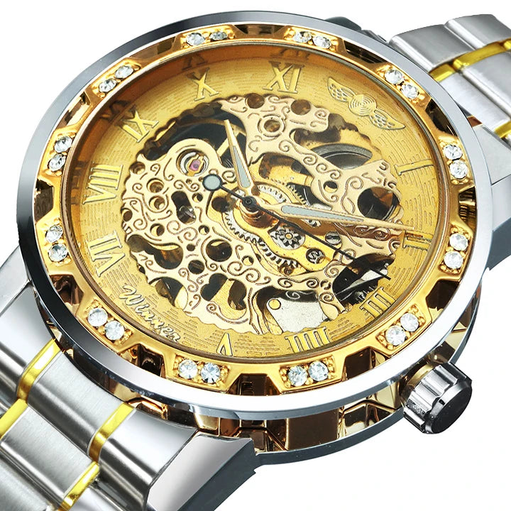WINNER™ Transparent Skeleton – Lyxig Mekanisk Herrklocka med Diamantdetaljer