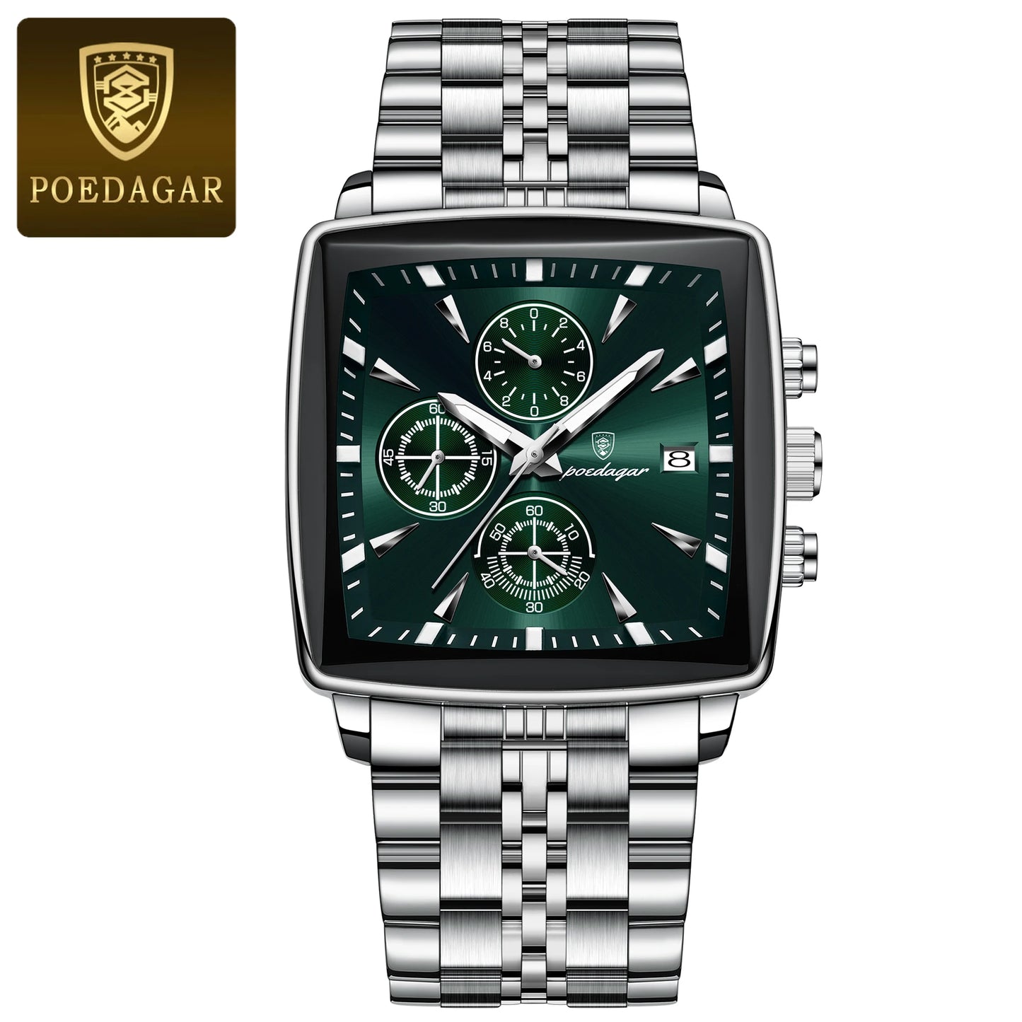 POEDAGAR™ Chrono Square – Sportig Herrklocka i Stål med Kronograf & Ljusfunktion