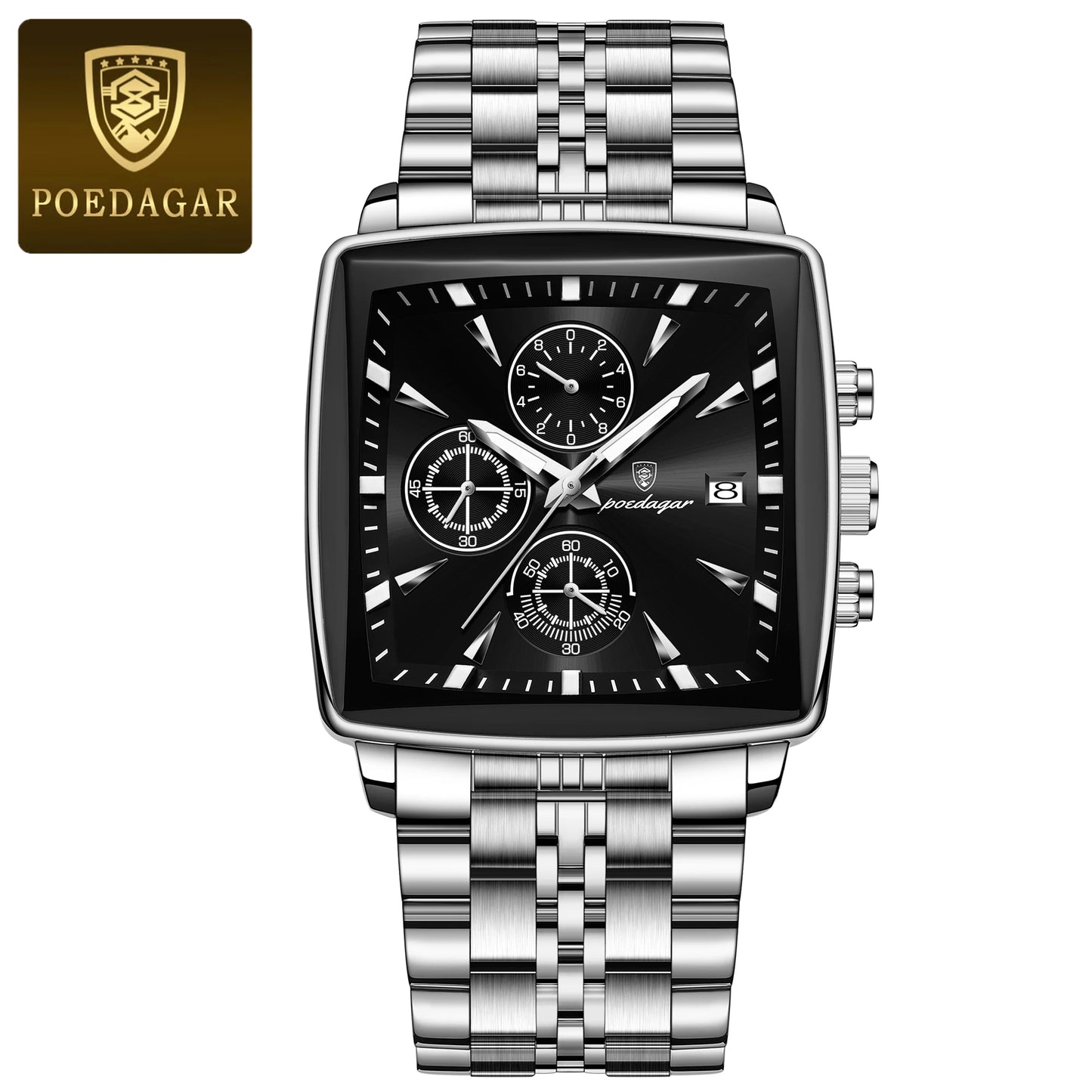 POEDAGAR™ Chrono Square – Sportig Herrklocka i Stål med Kronograf & Ljusfunktion