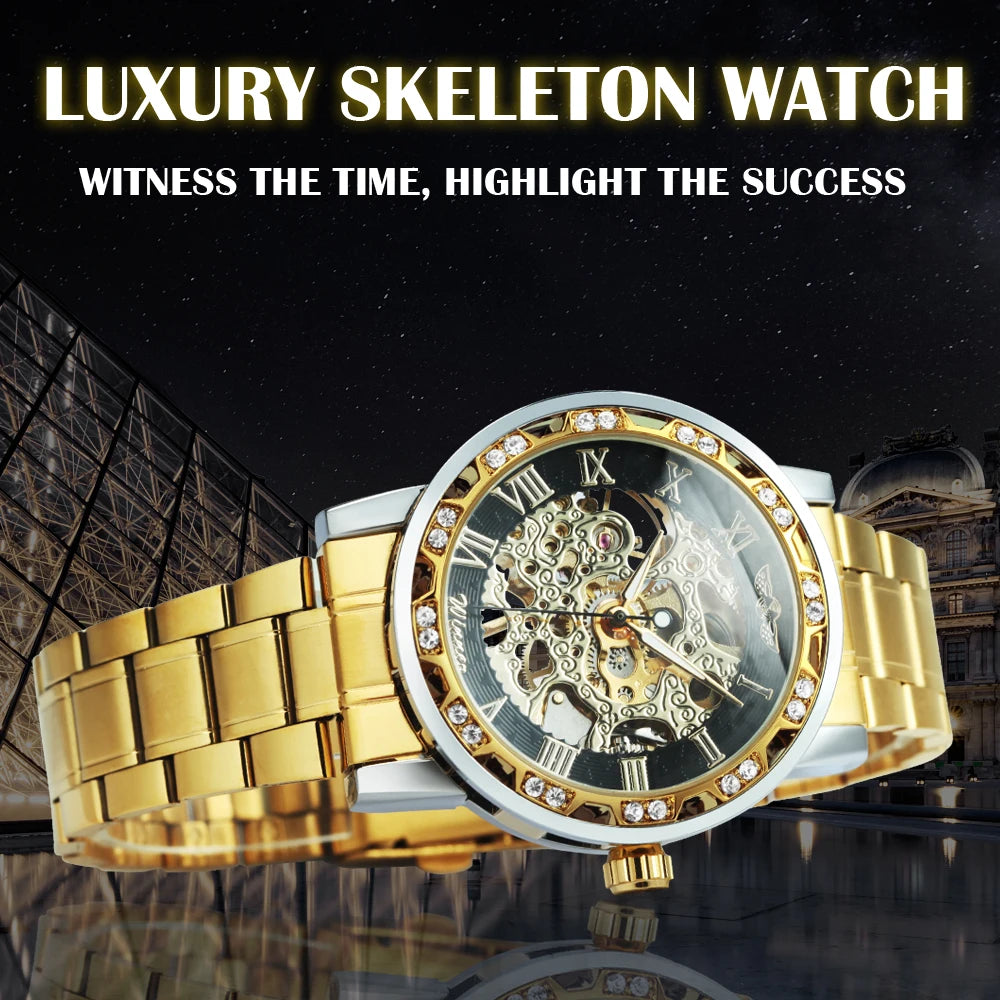 WINNER™ Transparent Skeleton – Lyxig Mekanisk Herrklocka med Diamantdetaljer