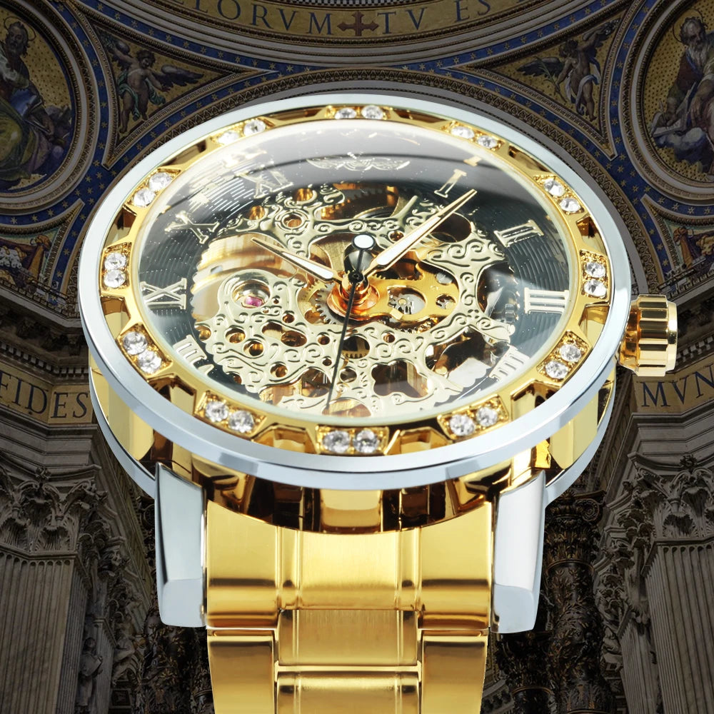 WINNER™ Transparent Skeleton – Lyxig Mekanisk Herrklocka med Diamantdetaljer