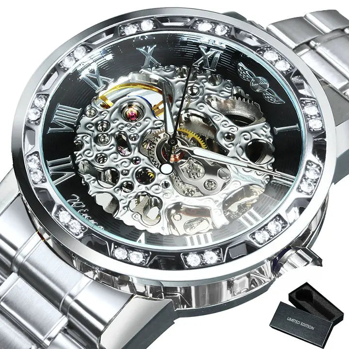 WINNER™ Transparent Skeleton – Lyxig Mekanisk Herrklocka med Diamantdetaljer