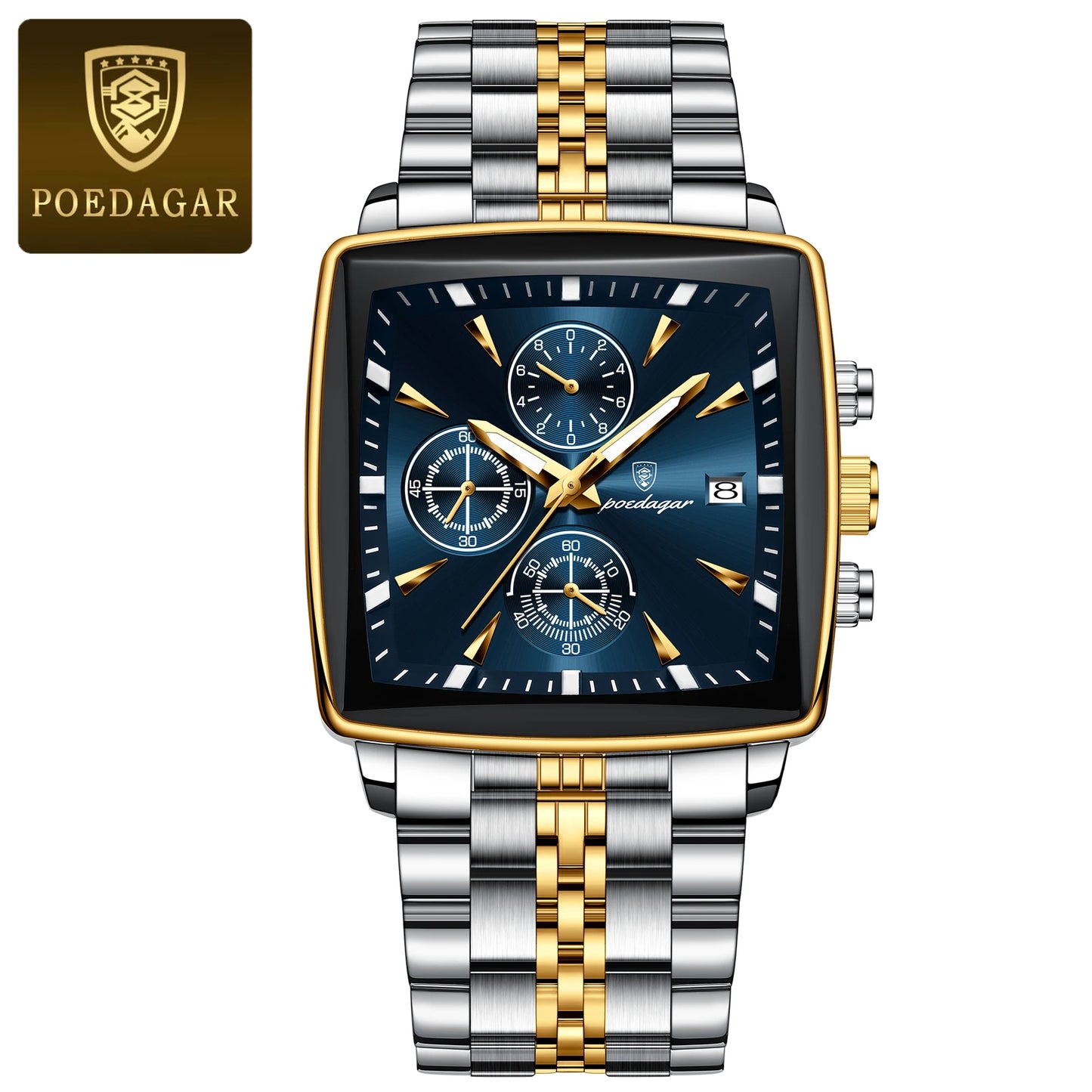 POEDAGAR™ Chrono Square – Sportig Herrklocka i Stål med Kronograf & Ljusfunktion