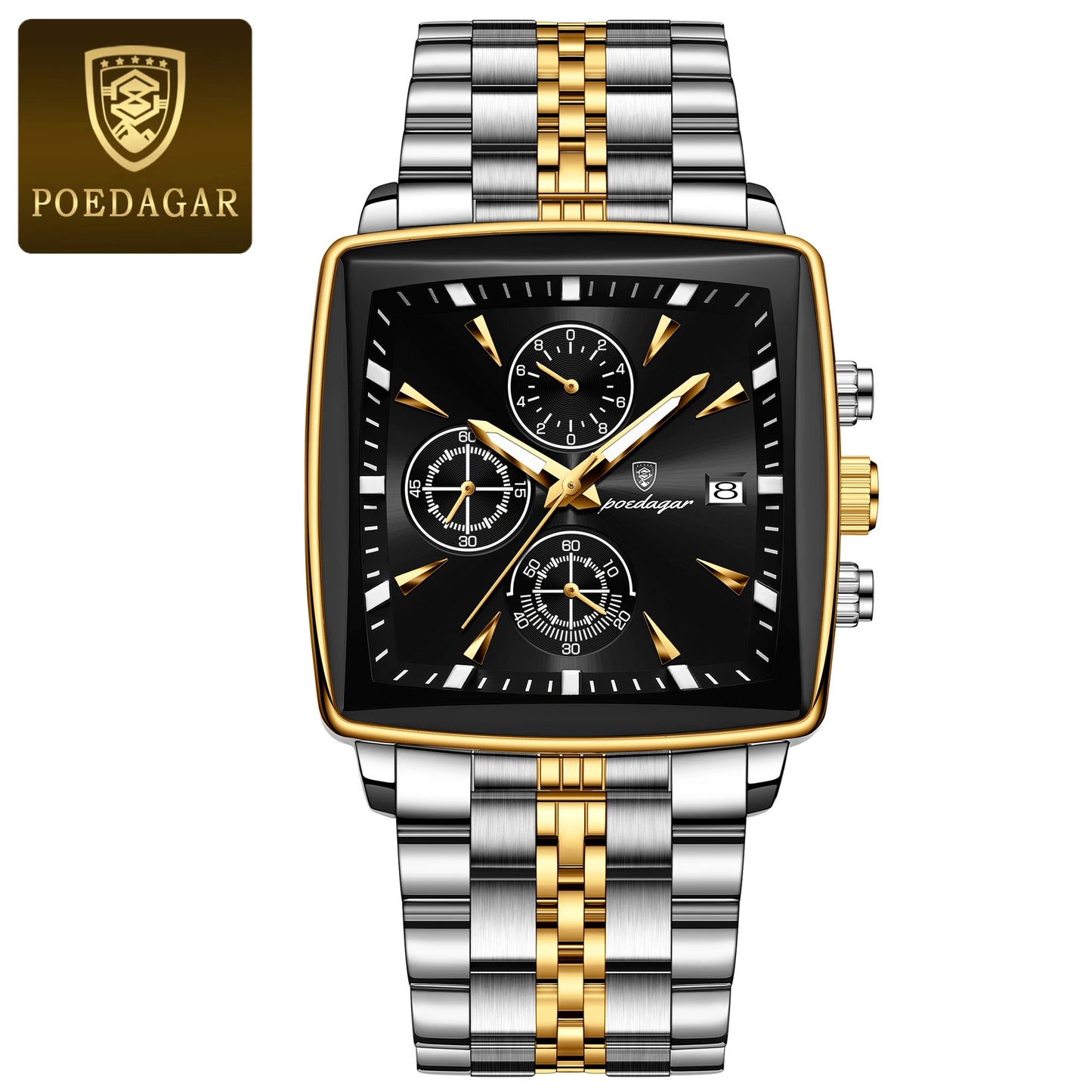 POEDAGAR™ Chrono Square – Sportig Herrklocka i Stål med Kronograf & Ljusfunktion