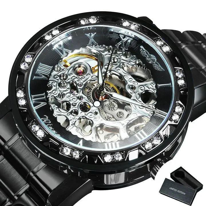 WINNER™ Transparent Skeleton – Lyxig Mekanisk Herrklocka med Diamantdetaljer