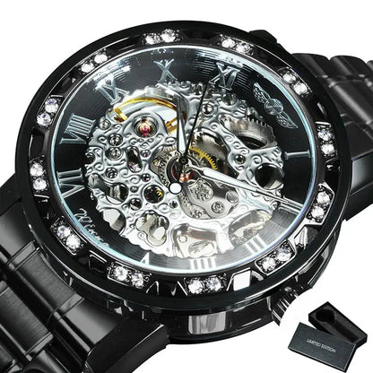 WINNER™ Transparent Skeleton – Lyxig Mekanisk Herrklocka med Diamantdetaljer