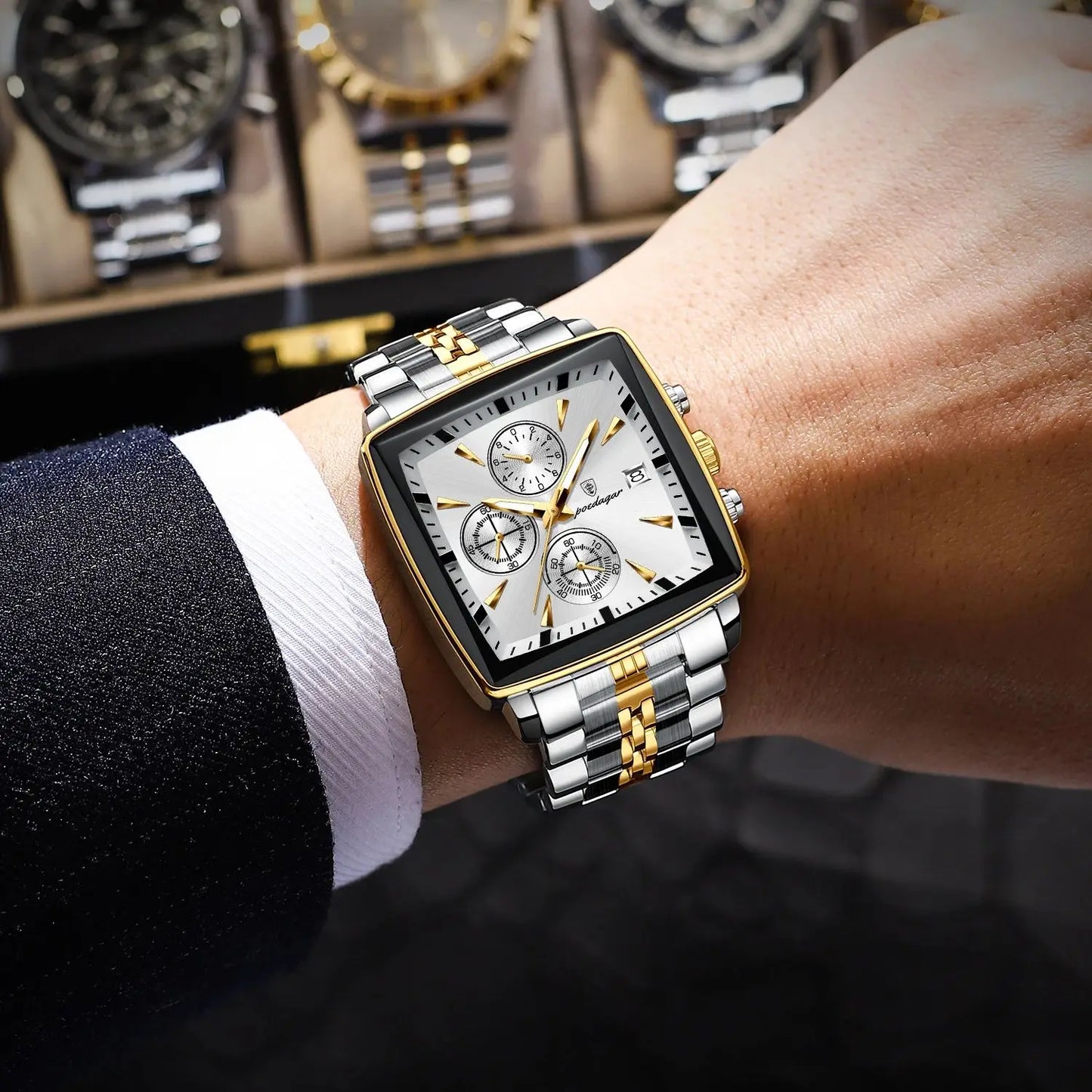 POEDAGAR™ Chrono Square – Sportig Herrklocka i Stål med Kronograf & Ljusfunktion