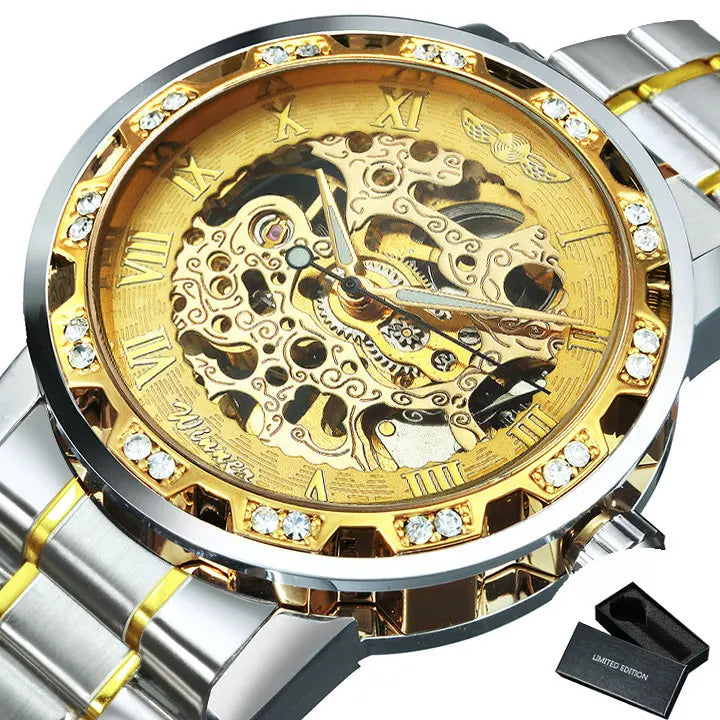 WINNER™ Transparent Skeleton – Lyxig Mekanisk Herrklocka med Diamantdetaljer