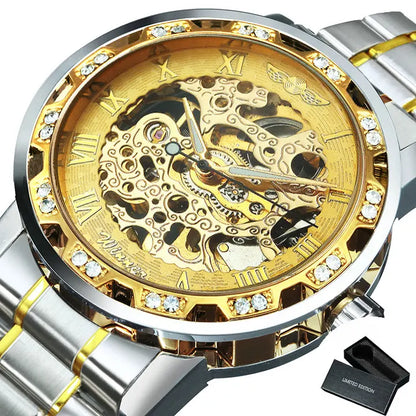 WINNER™ Transparent Skeleton – Lyxig Mekanisk Herrklocka med Diamantdetaljer