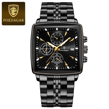 POEDAGAR™ Chrono Square – Sportig Herrklocka i Stål med Kronograf & Ljusfunktion