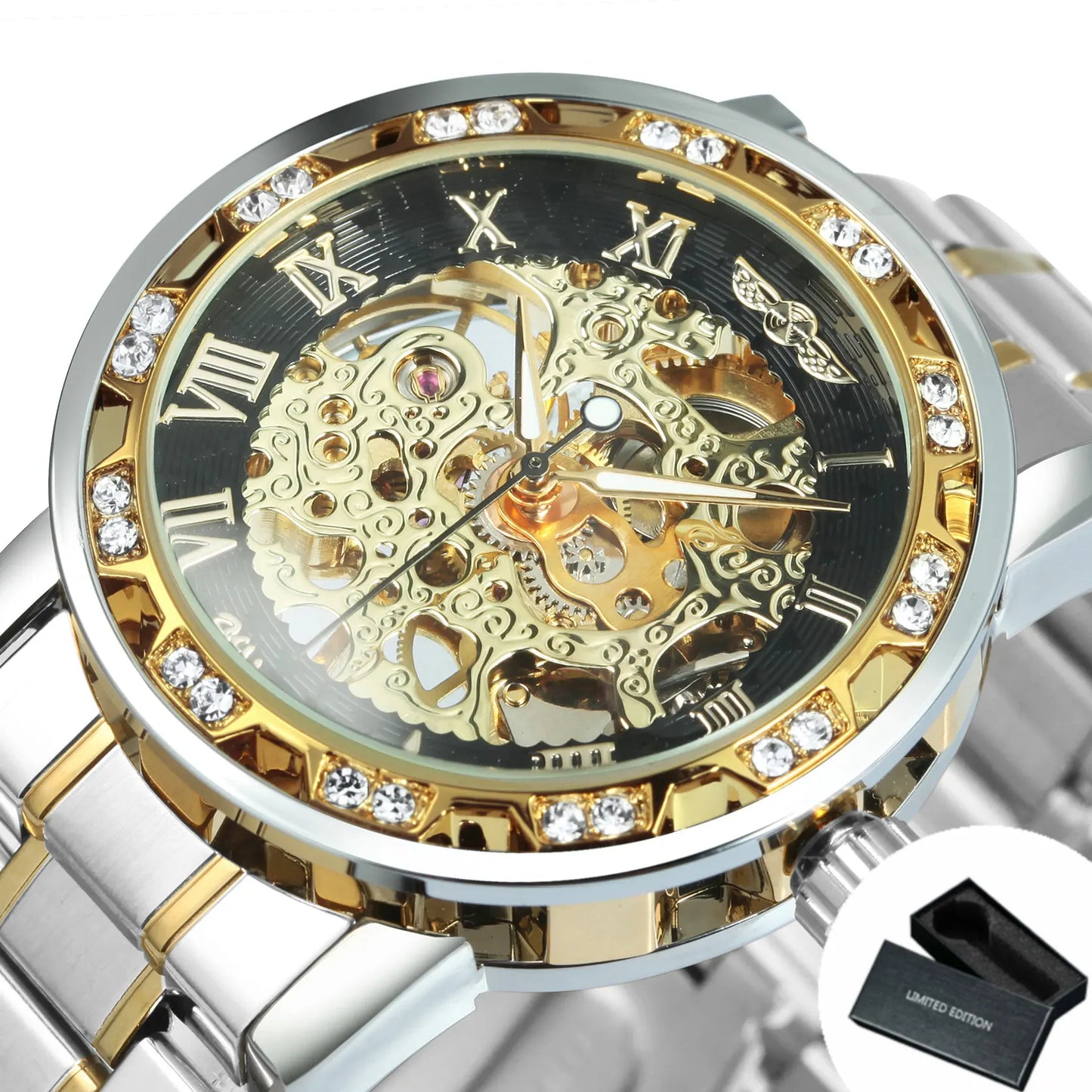 WINNER™ Transparent Skeleton – Lyxig Mekanisk Herrklocka med Diamantdetaljer