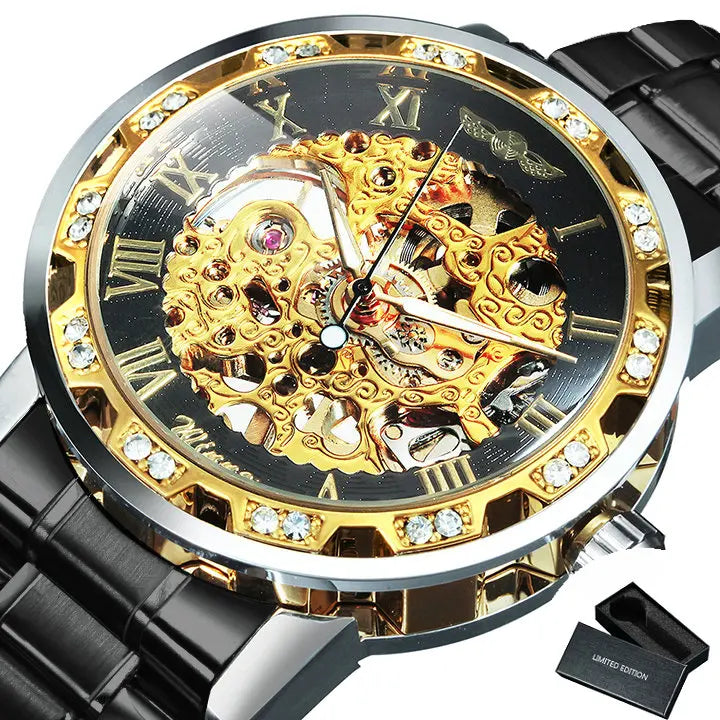 WINNER™ Transparent Skeleton – Lyxig Mekanisk Herrklocka med Diamantdetaljer