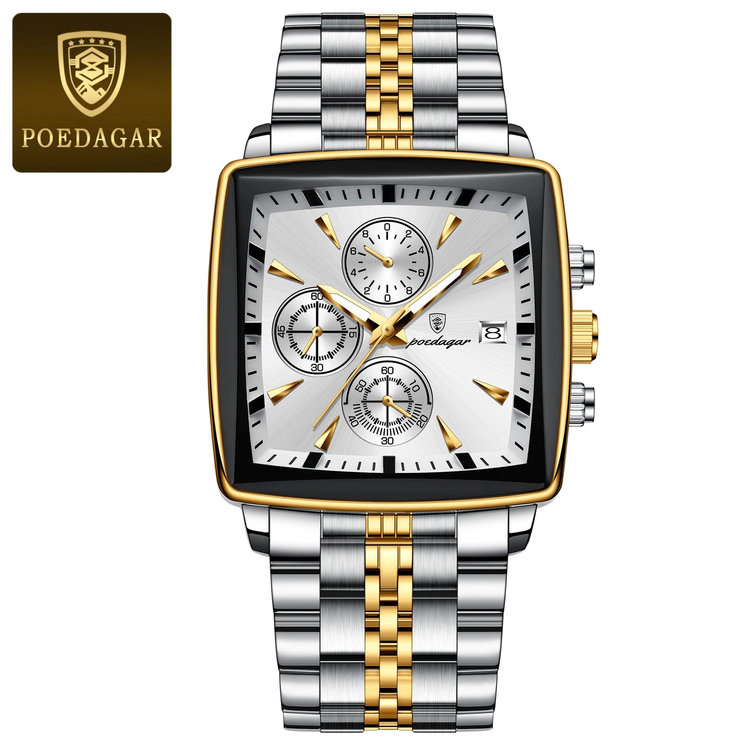 POEDAGAR™ Chrono Square – Sportig Herrklocka i Stål med Kronograf & Ljusfunktion