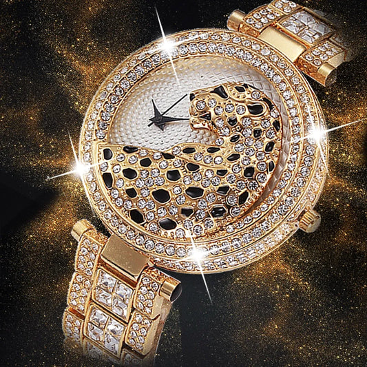 MISSFOX™ Leopard Bling – Lyxig Damklocka i Guld med Kristaller