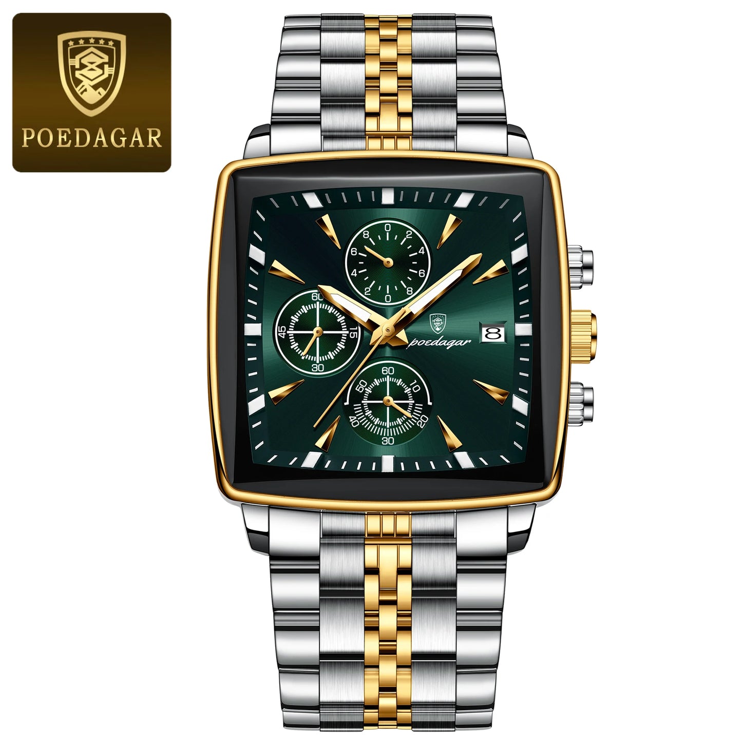 POEDAGAR™ Chrono Square – Sportig Herrklocka i Stål med Kronograf & Ljusfunktion