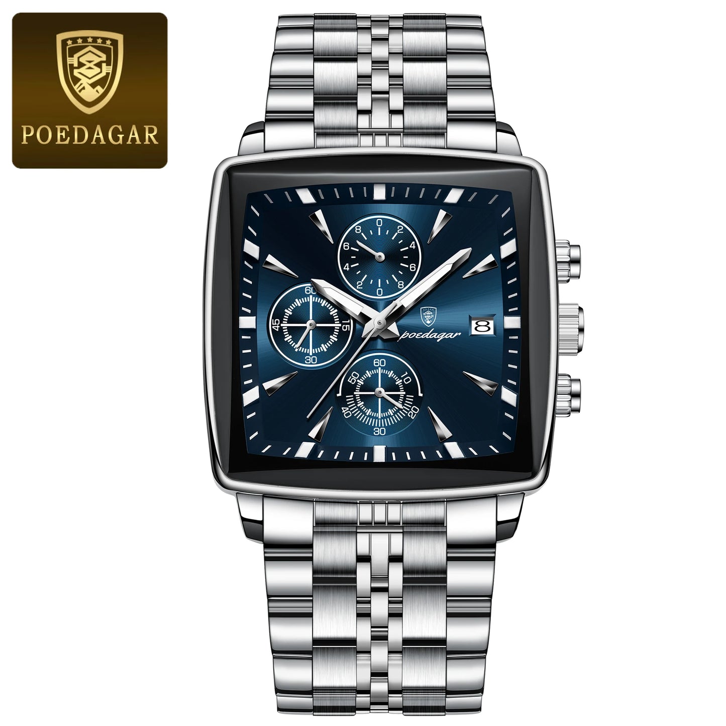 POEDAGAR™ Chrono Square – Sportig Herrklocka i Stål med Kronograf & Ljusfunktion