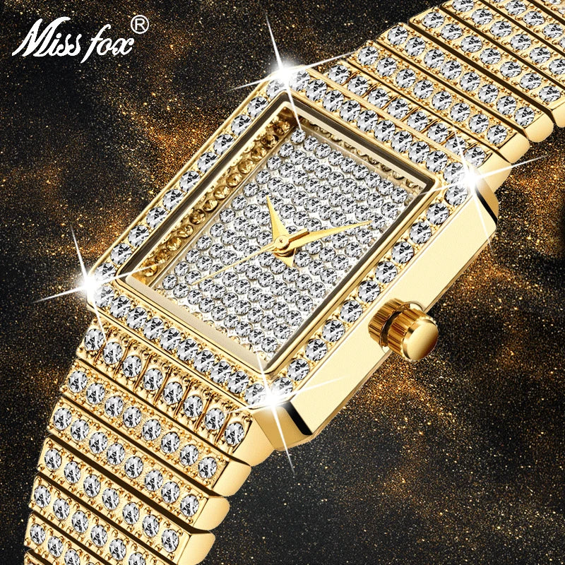 MISSFOX™ Diamond Square – Lyxig Damklocka i Guld med Kristaller