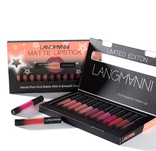 💋 Set med 12 Matta Läppstift – Vattenfasta & Långvariga i Sammetfinish